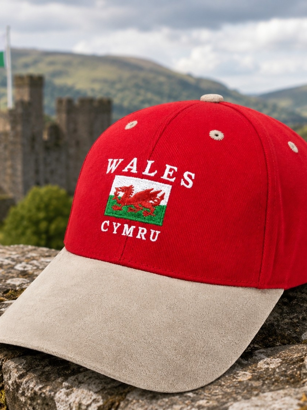 Vintage Wales CYMRU Adjustable Red Hat Welsh Flag Dragon Suede Brim Cap
